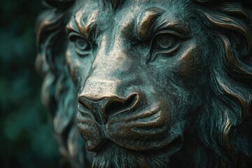 Close-up of a majestic lion statue, weathered and aged, with a regal expression and imposing mane details.