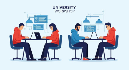 University Students Working Together On Code At A Programming Workshop Session