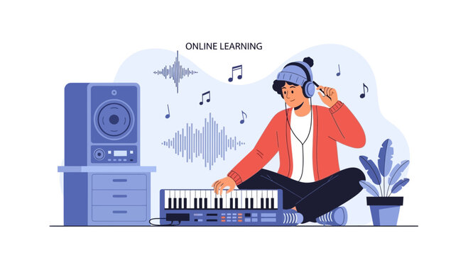 Creative Musician Producing Music Online Using Synthesizer And Wearing Headphones