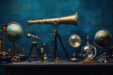 A collection of vintage astronomical instruments, including telescopes and globes, are displayed against a deep blue textured backdrop.