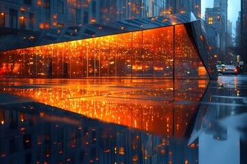 Modern architectural marvel reflecting city lights on a rain-slicked street at night creating a mesmerizing, vibrant urban scene.