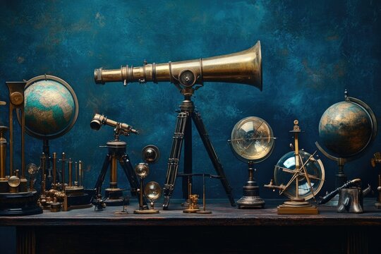 A collection of vintage astronomical instruments, including telescopes and globes, are displayed against a deep blue textured backdrop.