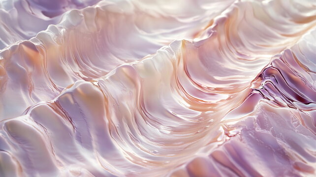 Magnified view of the surface of a seashell highlighting iridescent pastel textures