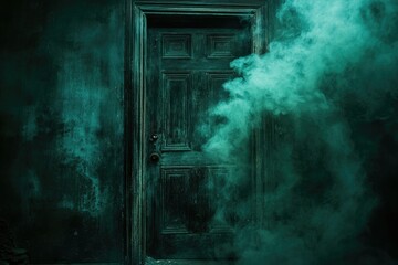 An old wooden door stands shrouded in eerie teal smoke against a dark, textured wall, creating mystery.