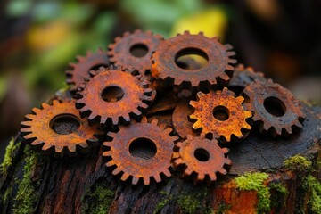 A collection of rusty metal gears resting on a moss-covered tree stump, highlighting decay and industrial history.