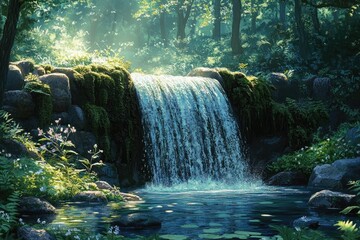 A serene waterfall cascades into a pool surrounded by mossy rocks and lush, green foliage in a peaceful forest setting.