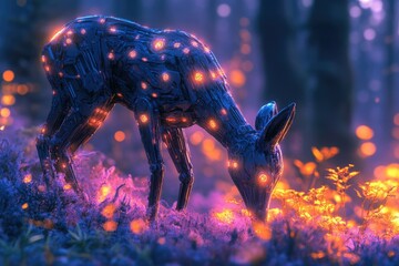 A futuristic robotic deer grazes in a magical forest, glowing with neon lights, creating a surreal and captivating scene.