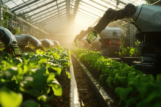 Robotic arms tending to rows of leafy green crops in a well-lit, modern greenhouse, showcasing automation in agriculture.