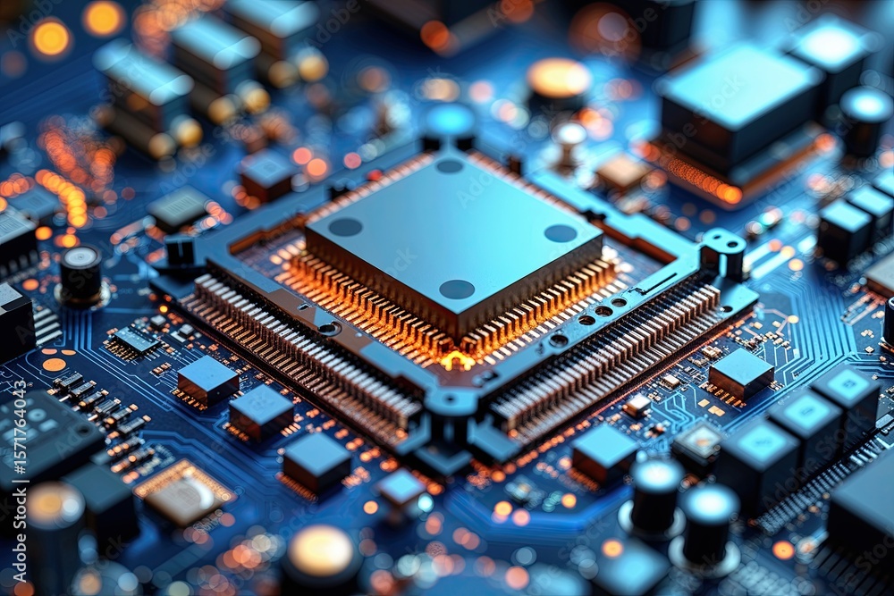 Poster focused shot of a powerful microchip in a revolutionary computer with global technology and online c