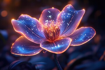 A luminous flower with glowing petals, adorned with sparkling lights, stands out in the darkness.