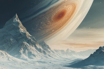 Surreal landscape featuring snow-covered mountains under the gaze of a massive planet with swirling patterns, evoking a sense of otherworldly beauty.