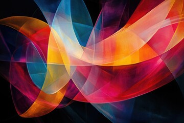 Vibrant, translucent ribbons intertwine against a dark backdrop, creating a dynamic, abstract design with a sense of movement and depth.