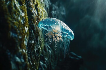 Luminous jellyfish drifts near a mossy rock face in the dark depths of the ocean, ethereal.