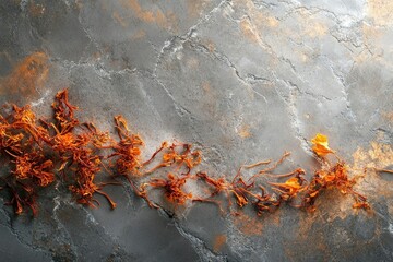 Dried orange blossoms artfully arranged on a textured, gray surface, creating a striking contrast in color and texture.