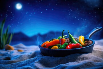 A skillet of colorful peppers sits on a sandy surface, bathed in the glow of moonlight under a star-filled sky.