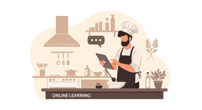 Online Culinary Learning Chef Follows Recipe From Tablet In Kitchen Scene