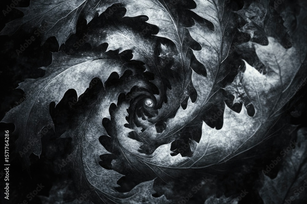 Poster a mesmerizing monochrome composition featuring a spiral arrangement of oak leaves, creating a deep a