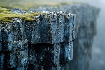 Rugged rock cliffs stand prominently, adorned with vibrant green moss, against a blurred background shrouded in atmospheric mist and soft, muted colors.