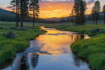 Serene river winding through a lush meadow at sunset, reflecting golden light off the water.
