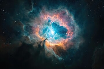 A vibrant and detailed image showcases a colorful nebula with a bright central point and surrounding stars in the vast cosmos.