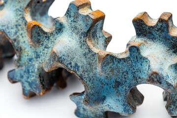 Close-up shot of three rusted and textured metal gears against a white background, showing wear and patina.