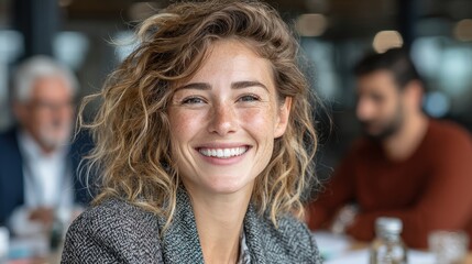 Business people gather around a large conference table in a modern office building with floor to ceiling windows to discuss new ideas and solve corporate problems