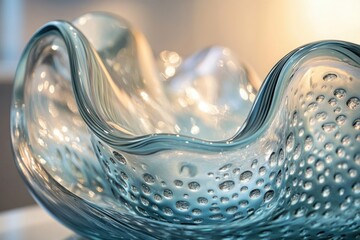 An ornate, translucent blue glass bowl with textured, undulating surface reflects ambient light and exhibits a modern aesthetic.