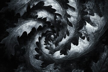 A mesmerizing monochrome composition featuring a spiral arrangement of oak leaves, creating a deep and intricate vortex.