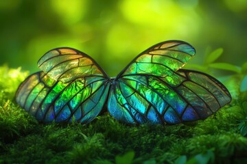 Vibrant butterfly wings glisten with iridescent greens and blues, nestled among lush green moss in a tranquil forest setting.