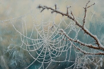 A beautiful frozen spiderweb, glistening with ice crystals, hangs from a frost-covered branch against an abstract muted background.