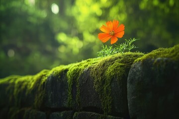 Single orange flower amidst green moss on a stone wall, against a blurred green background, embodying natural beauty.