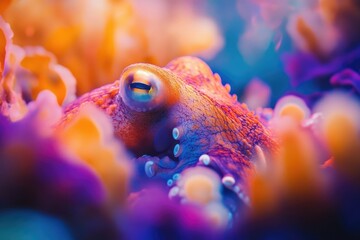 A vibrant, colorful image showcases an octopus nestled among coral, highlighting its textures and the underwater environment with bright, contrasting hues.