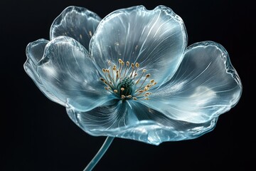 A translucent, ethereal blue flower with visible veins and delicate stamen, set against a dark backdrop.