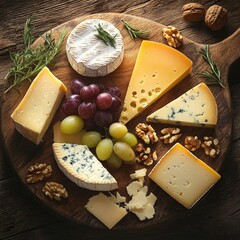 Cheese board showcasing brie, cheddar, blue cheese, and other varieties served with grapes, walnuts, and rosemary on a wooden platter.
