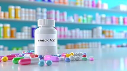 A close-up of a white bottle labeled Vanadic Acid, surrounded by colorful pills in a pharmacy setting.