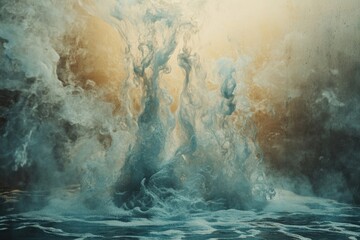 Abstract swirling mix of light blue and beige colors blending like ink in water, creating a dreamy, ethereal atmosphere.