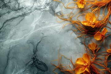 Elegant composition featuring vibrant orange flowers and delicate vines on a textured marble-like background, creating a serene atmosphere.