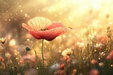 A serene poppy meadow bathed in golden light, showcasing delicate petals and a dreamy atmosphere.