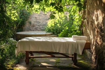 A tranquil outdoor spa setting with a massage table amidst lush greenery and natural stone architecture.