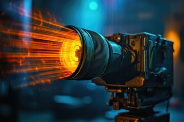 Camera lens with bright orange rays emanating from its center, against a dark and blurred backdrop.