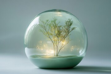 Delicate tree sprouts within a glass orb, glowing with soft, ethereal light on a minimalist background.