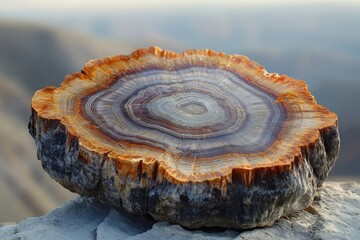 A cross-section of petrified wood reveals striking rings of color and intricate geological patterns on a textured stone base.