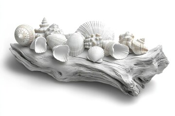 A collection of white seashells is arranged on a weathered piece of driftwood, presenting a serene, coastal aesthetic.