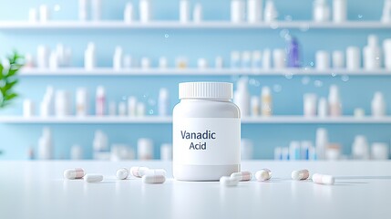 A close-up of a white container labeled 'Vanadic Acid' surrounded by scattered capsules, with a soft-focus pharmaceutical background.
