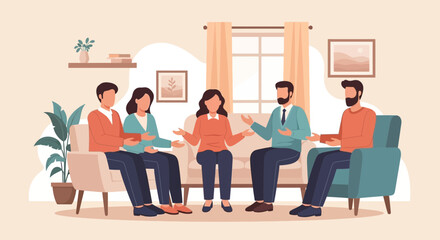 Group Therapy Session Featuring Diverse Individuals In A Comfortable Setting