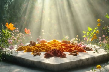 Spices and cinnamon displayed amidst vibrant flowers, bathed in ethereal sunlight, sitting on a marble stone surface.