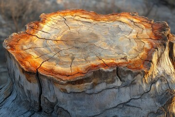 A tree stump with colorful rings showcasing the tree's age, cracks, and weathered texture.