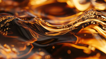 Microscopic view of freshly brewed coffee’s surface with golden reflections and bubbles