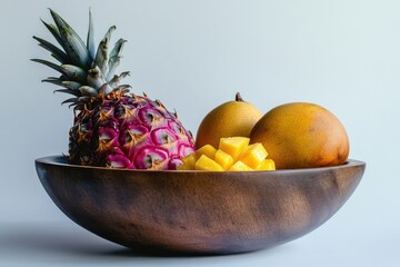 A vibrant wooden bowl filled with a pink pineapple, two mangoes, and juicy cubes of ripe, yellow mango on a white background.