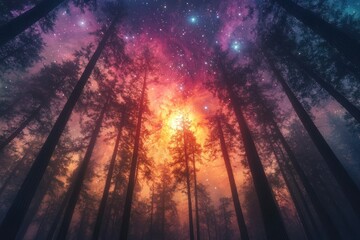 Silhouetted trees reach towards a vibrant, starry night sky with hues of orange, pink, and purple creating a magical ambiance.